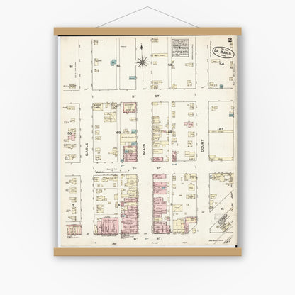 Old map wall art mockup — magnetic wood frame on white wall — Sanborn Fire Insurance Map from Le Mars, Plymouth County, Iowa (1883), Sheet #0002