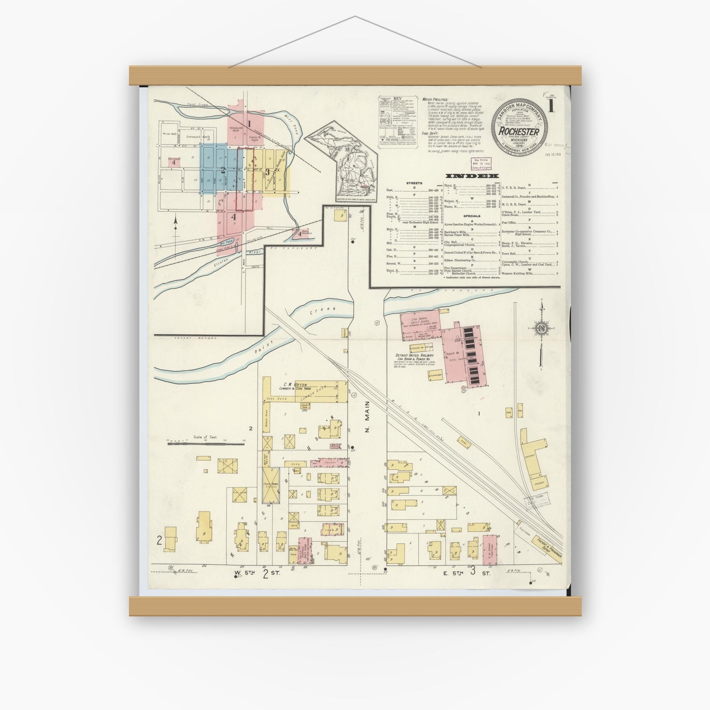 Old map wall art mockup — magnetic wood frame on white wall — Sanborn Fire Insurance Map from Rochester, Oakland County, Michigan (1916) - Complete Map Set