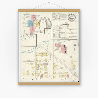 Old map wall art mockup — magnetic wood frame on white wall — Sanborn Fire Insurance Map from Rochester, Oakland County, Michigan (1916) - Complete Map Set