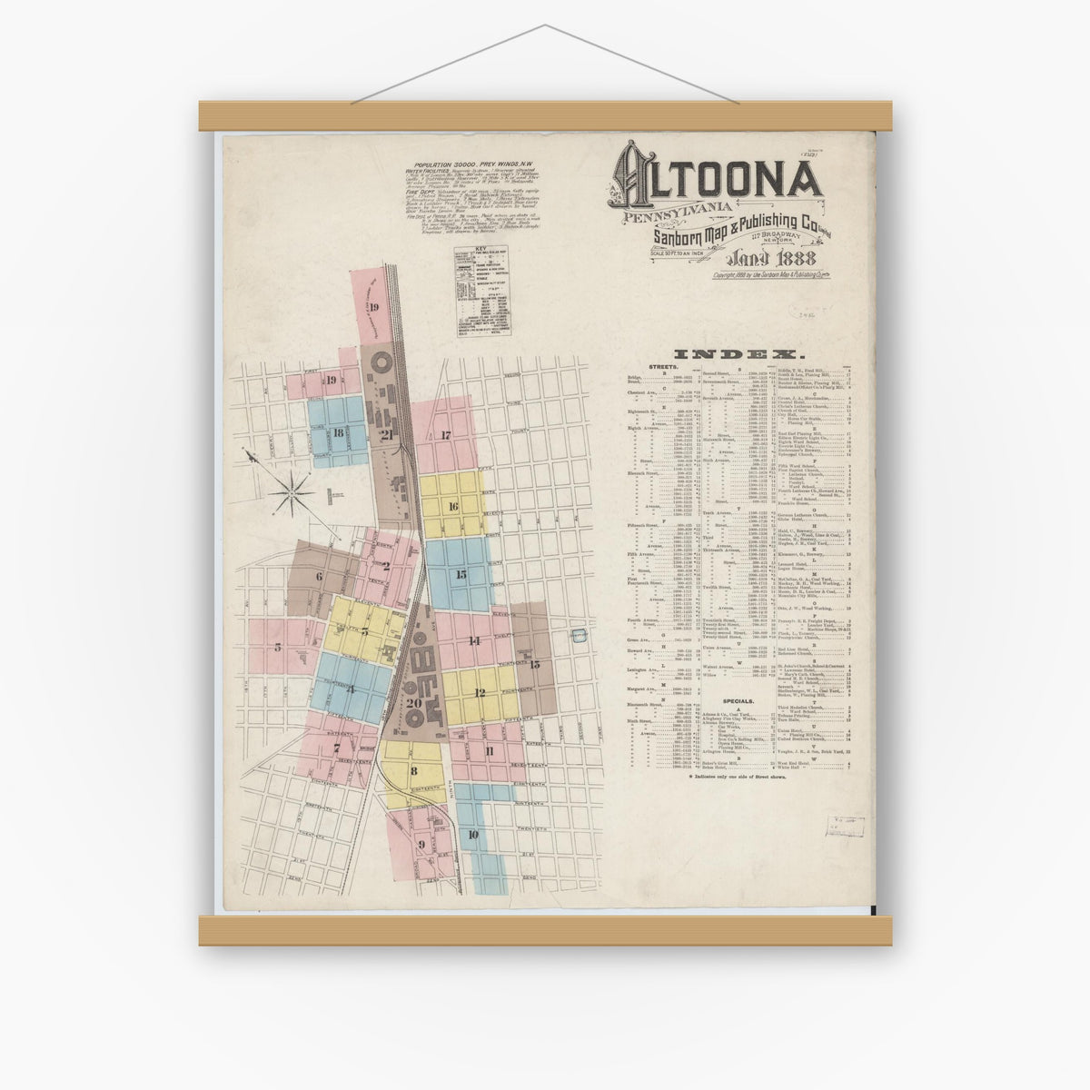 Old map wall art mockup — magnetic wood frame on white wall — Sanborn Fire Insurance Map from Altoona, Blair County, Pennsylvania (1888) - Complete Map Set
