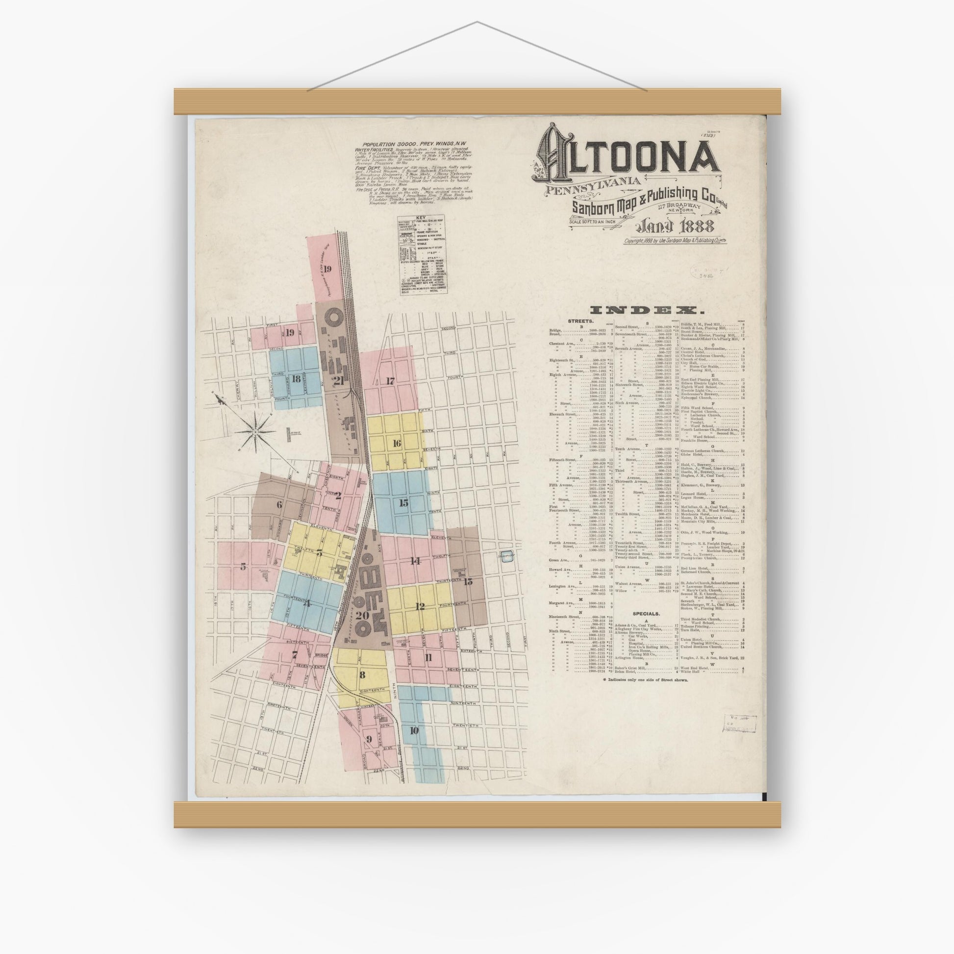 Old map wall art mockup — magnetic wood frame on white wall — Sanborn Fire Insurance Map from Altoona, Blair County, Pennsylvania (1888) - Complete Map Set