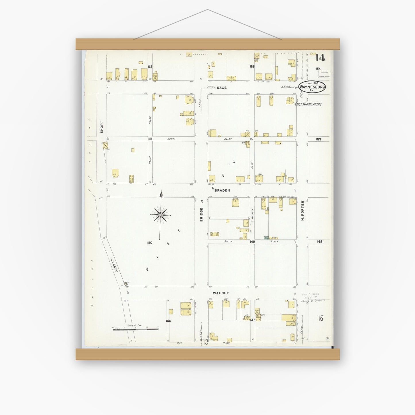 Old map wall art mockup — magnetic wood frame on white wall — Sanborn Fire Insurance Map from Waynesburg, Greene County, Pennsylvania (1908), Sheet #0014