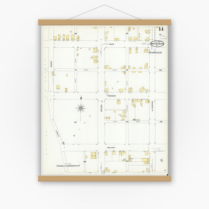 Old map wall art mockup — magnetic wood frame on white wall — Sanborn Fire Insurance Map from Waynesburg, Greene County, Pennsylvania (1908), Sheet #0014