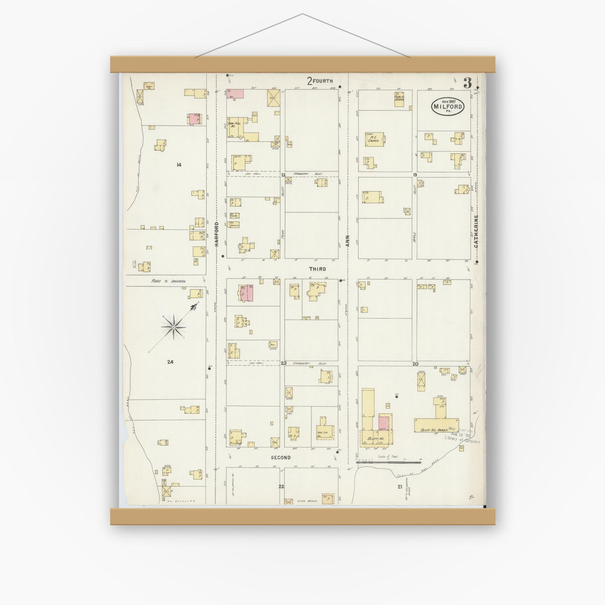 Old map wall art mockup — magnetic wood frame on white wall — Sanborn Fire Insurance Map from Milford, Pike County, Pennsylvania (1897), Sheet #0003