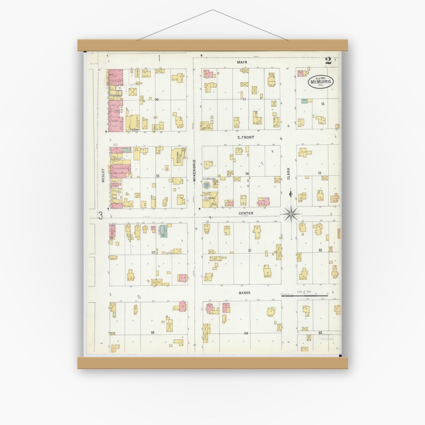 Old map wall art mockup — magnetic wood frame on white wall — Sanborn Fire Insurance Map from Mount Morris, Ogle County, Illinois (1893), Sheet #0002