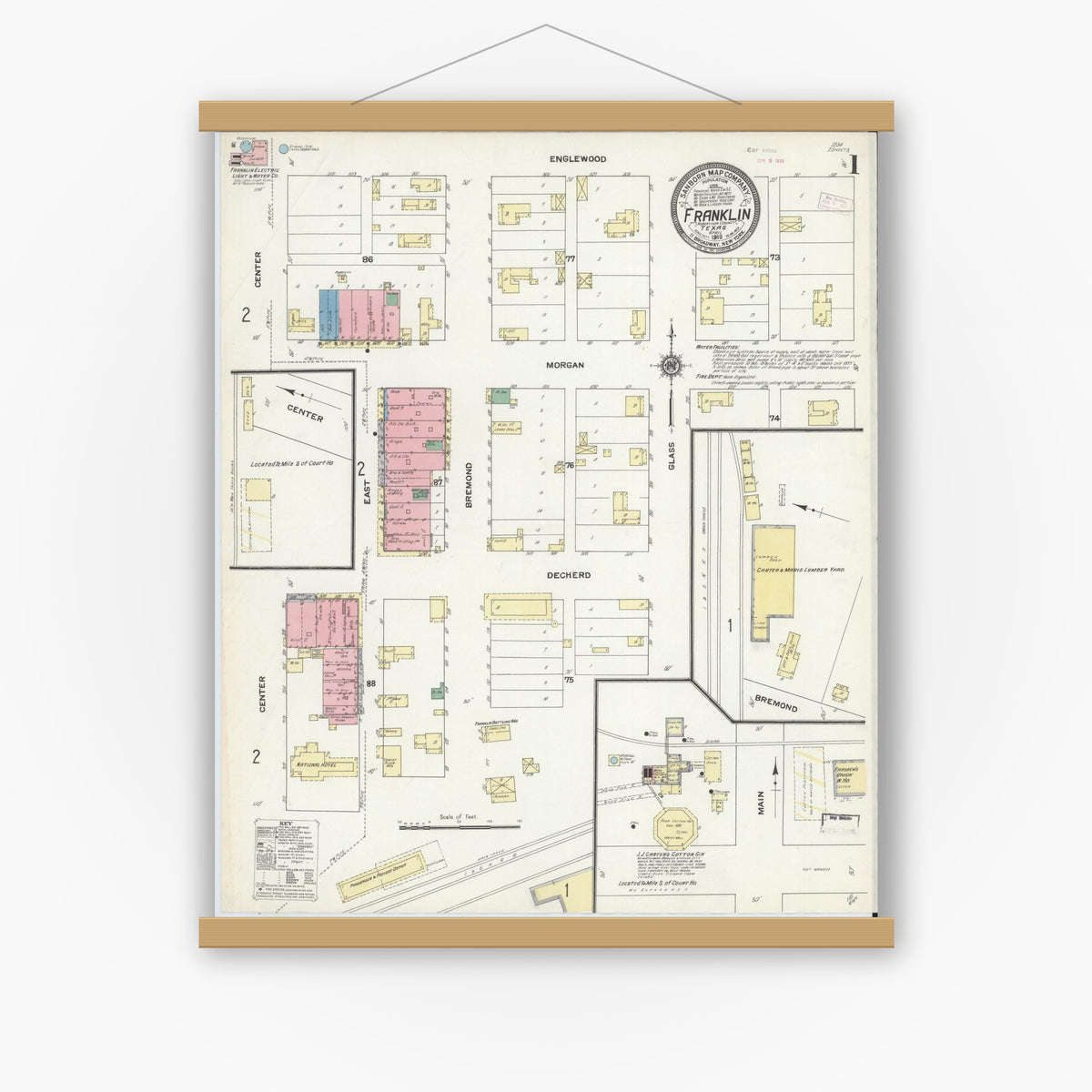 Old map wall art mockup — magnetic wood frame on white wall — Sanborn Fire Insurance Map from Franklin, Robertson County, Texas (1910) - Complete Map Set