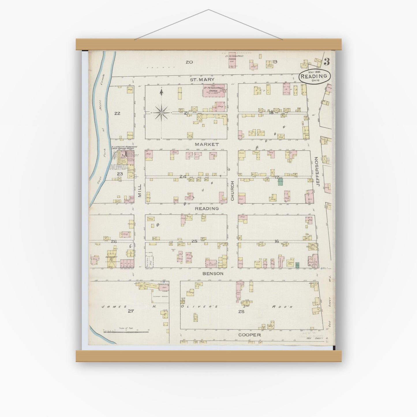 Old map wall art mockup — magnetic wood frame on white wall — Sanborn Fire Insurance Map from Reading, Hamilton County, Ohio (1886), Sheet #0003