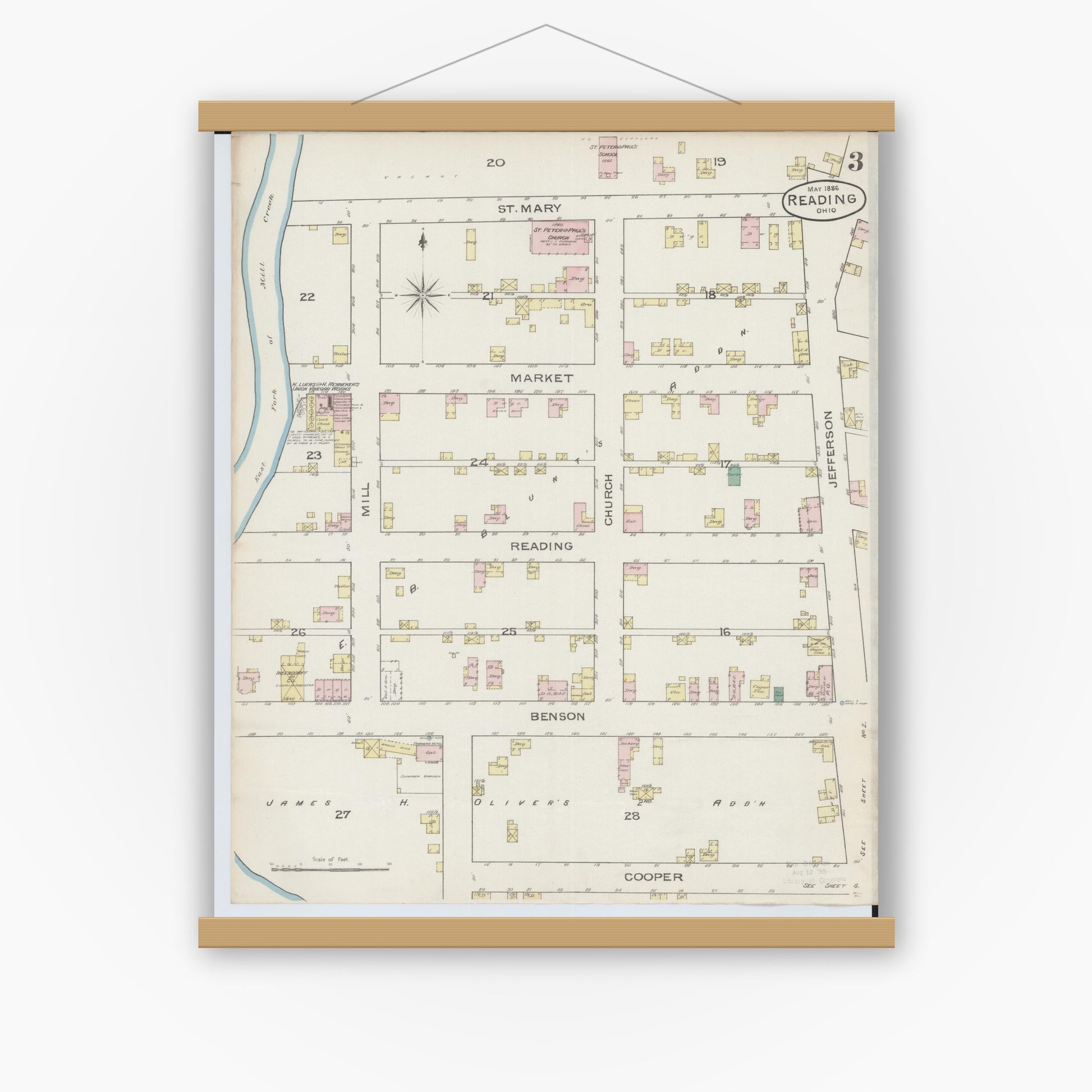 Old map wall art mockup — magnetic wood frame on white wall — Sanborn Fire Insurance Map from Reading, Hamilton County, Ohio (1886), Sheet #0003
