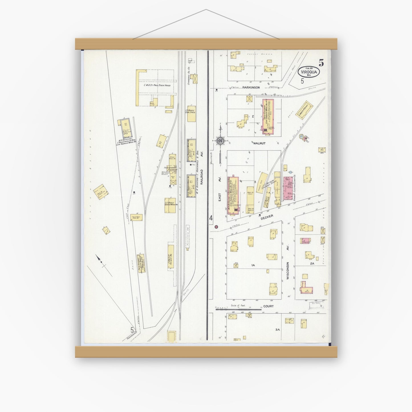 Old map wall art mockup — magnetic wood frame on white wall — Sanborn Fire Insurance Map from Viroqua, Vernon County, Wisconsin (1911), Sheet #0005