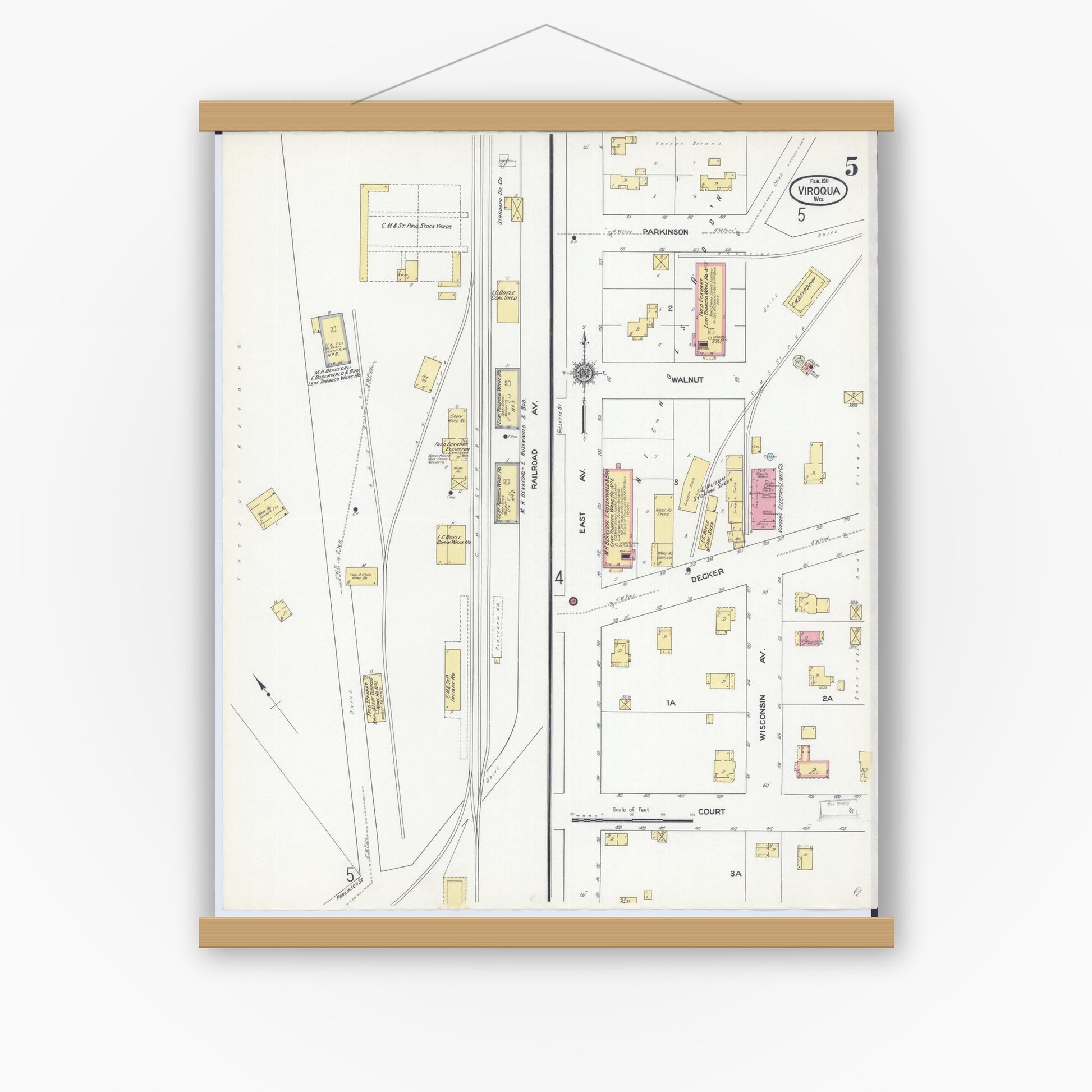 Old map wall art mockup — magnetic wood frame on white wall — Sanborn Fire Insurance Map from Viroqua, Vernon County, Wisconsin (1911), Sheet #0005