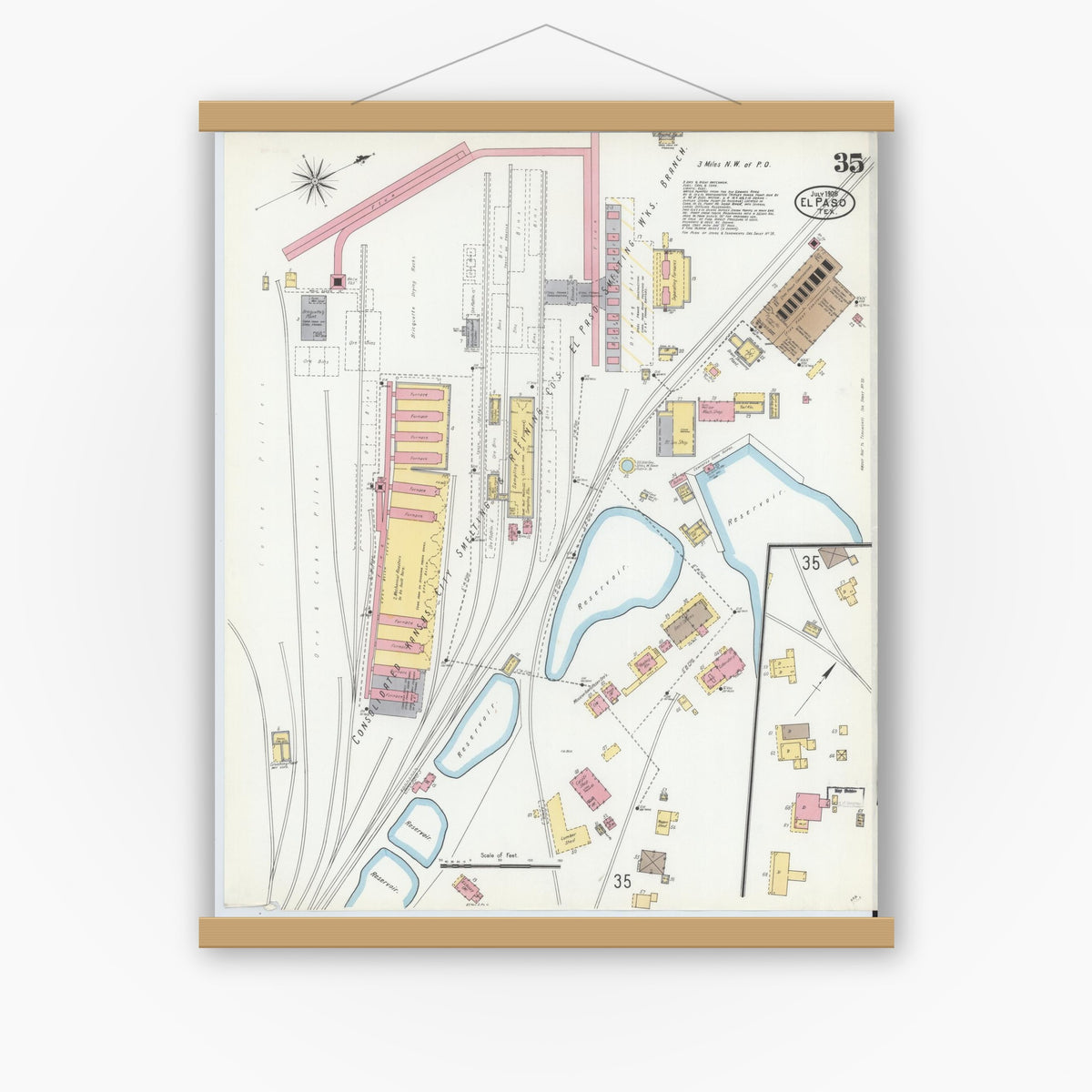 Old map wall art mockup — magnetic wood frame on white wall — Sanborn Fire Insurance Map from El Paso, El Paso County, Texas (1905), Sheet #0035