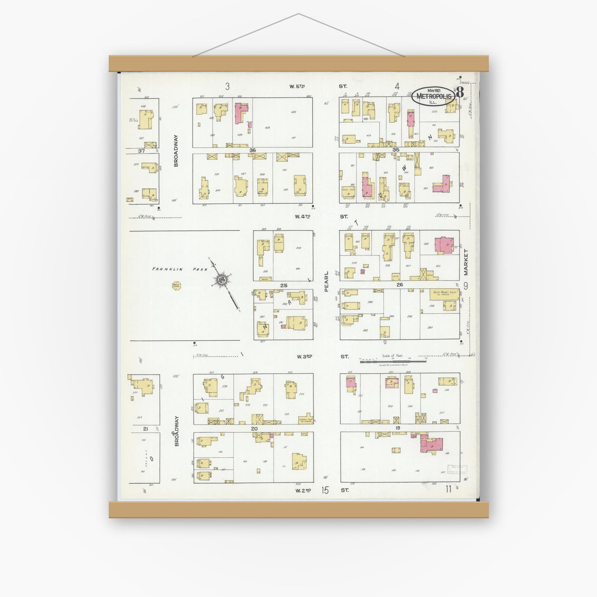Old map wall art mockup — magnetic wood frame on white wall — Sanborn Fire Insurance Map from Metropolis, Massac County, Illinois (1921), Sheet #0008