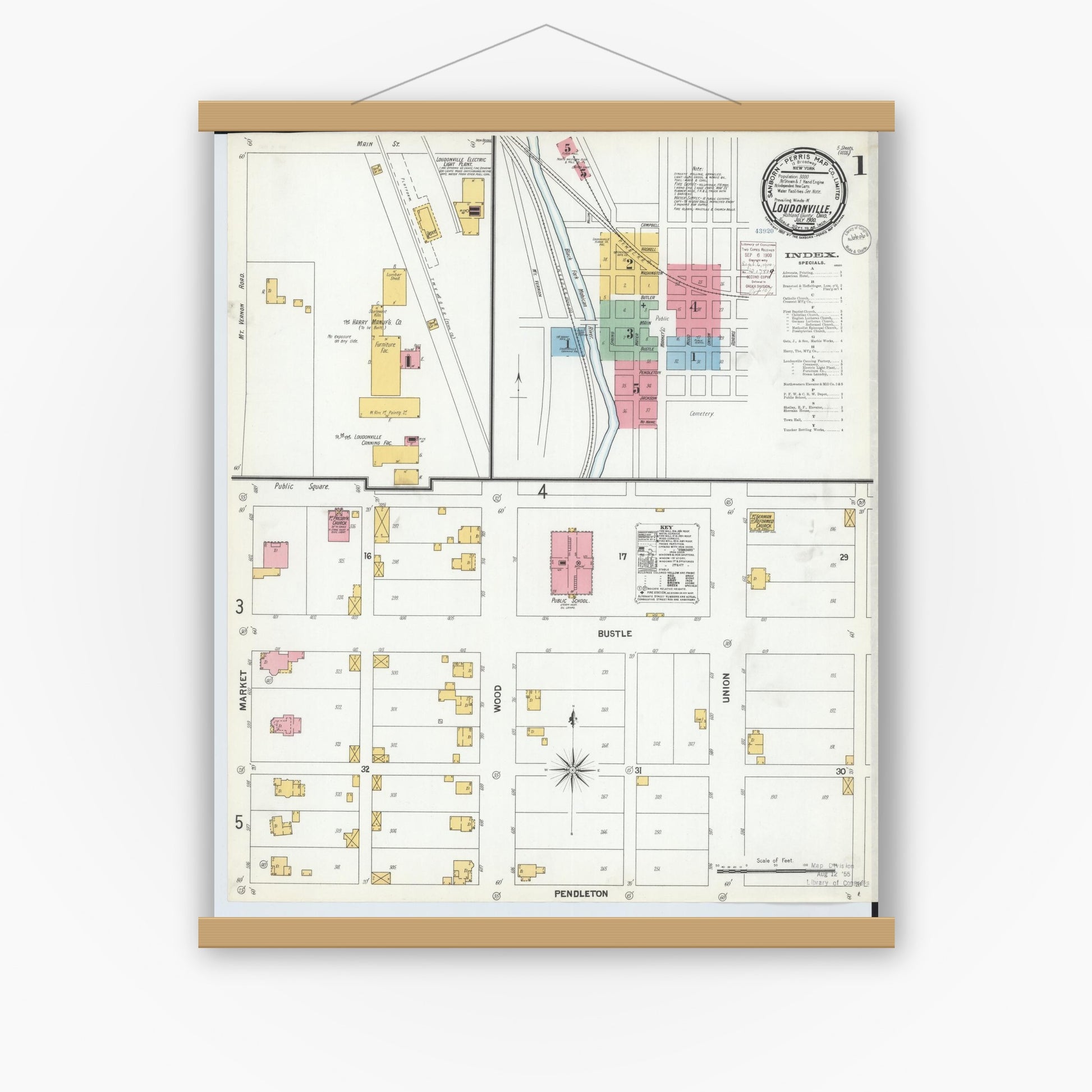 Old map wall art mockup — magnetic wood frame on white wall — Sanborn Fire Insurance Map from Loudonville, Ashland County, Ohio (1900) - Complete Map Set
