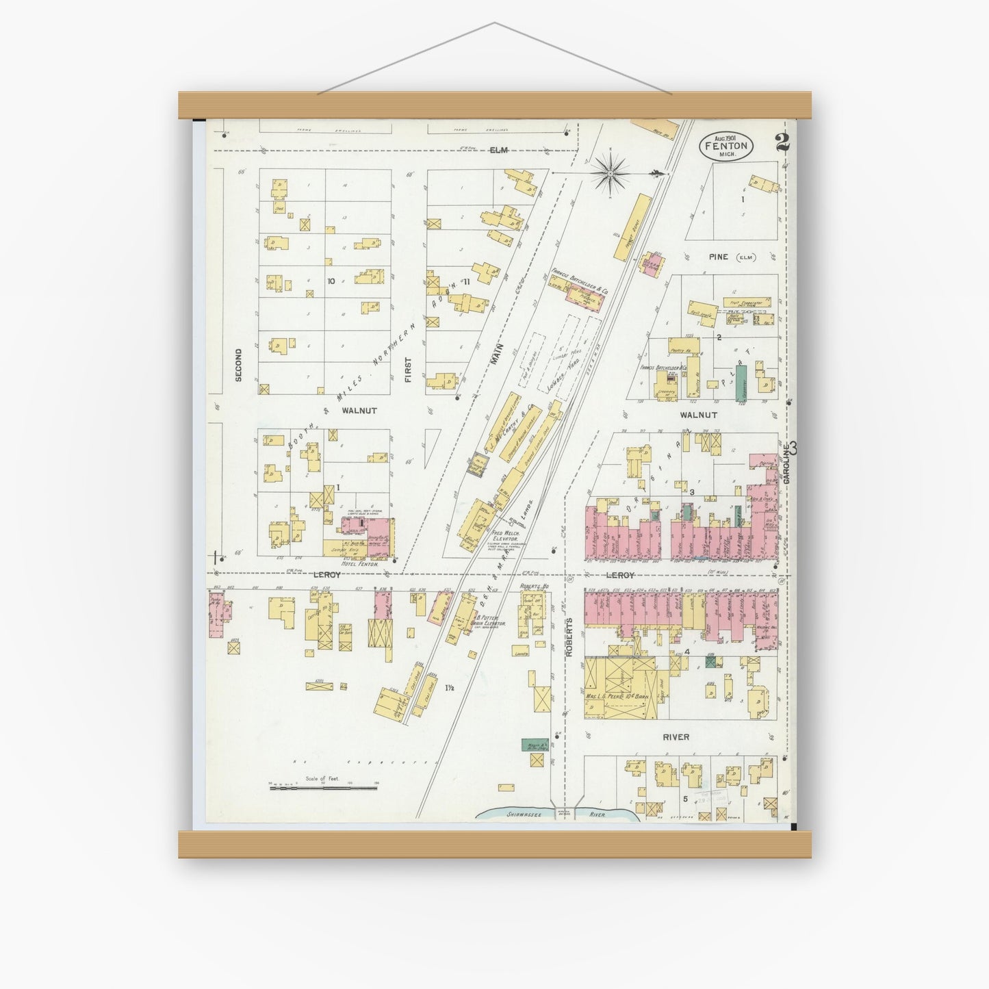 Old map wall art mockup — magnetic wood frame on white wall — Sanborn Fire Insurance Map from Fenton, Genesee County, Michigan (1901), Sheet #0002