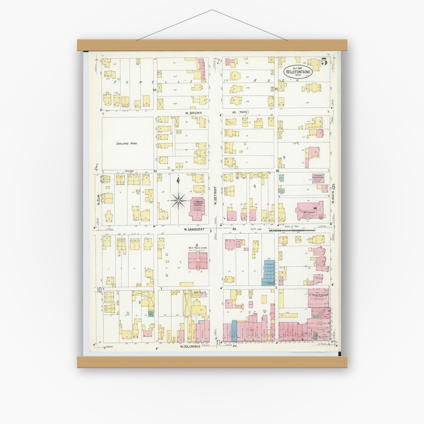 Old map wall art mockup — magnetic wood frame on white wall — Sanborn Fire Insurance Map from Bellefontaine, Logan County, Ohio (1907), Sheet #0005