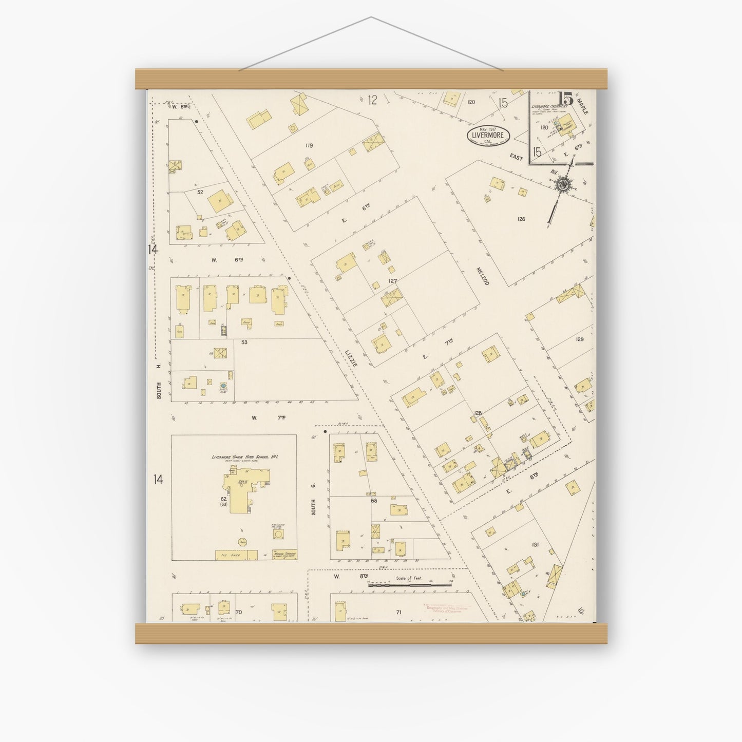 Old map wall art mockup — magnetic wood frame on white wall — Sanborn Fire Insurance Map from Livermore, Alameda County, California (1917), Sheet #0015