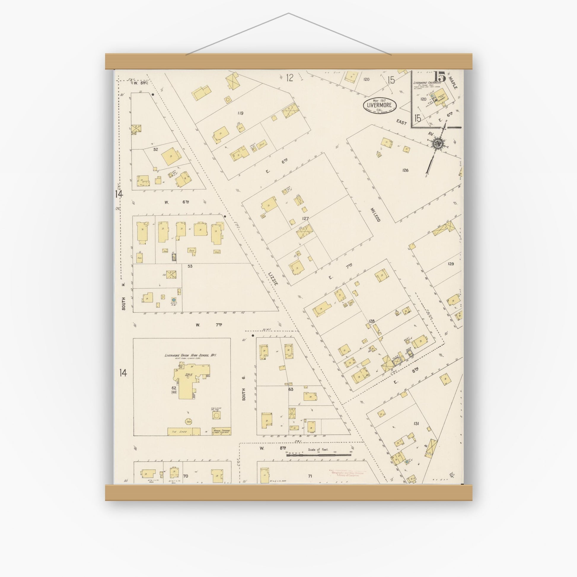 Old map wall art mockup — magnetic wood frame on white wall — Sanborn Fire Insurance Map from Livermore, Alameda County, California (1917), Sheet #0015