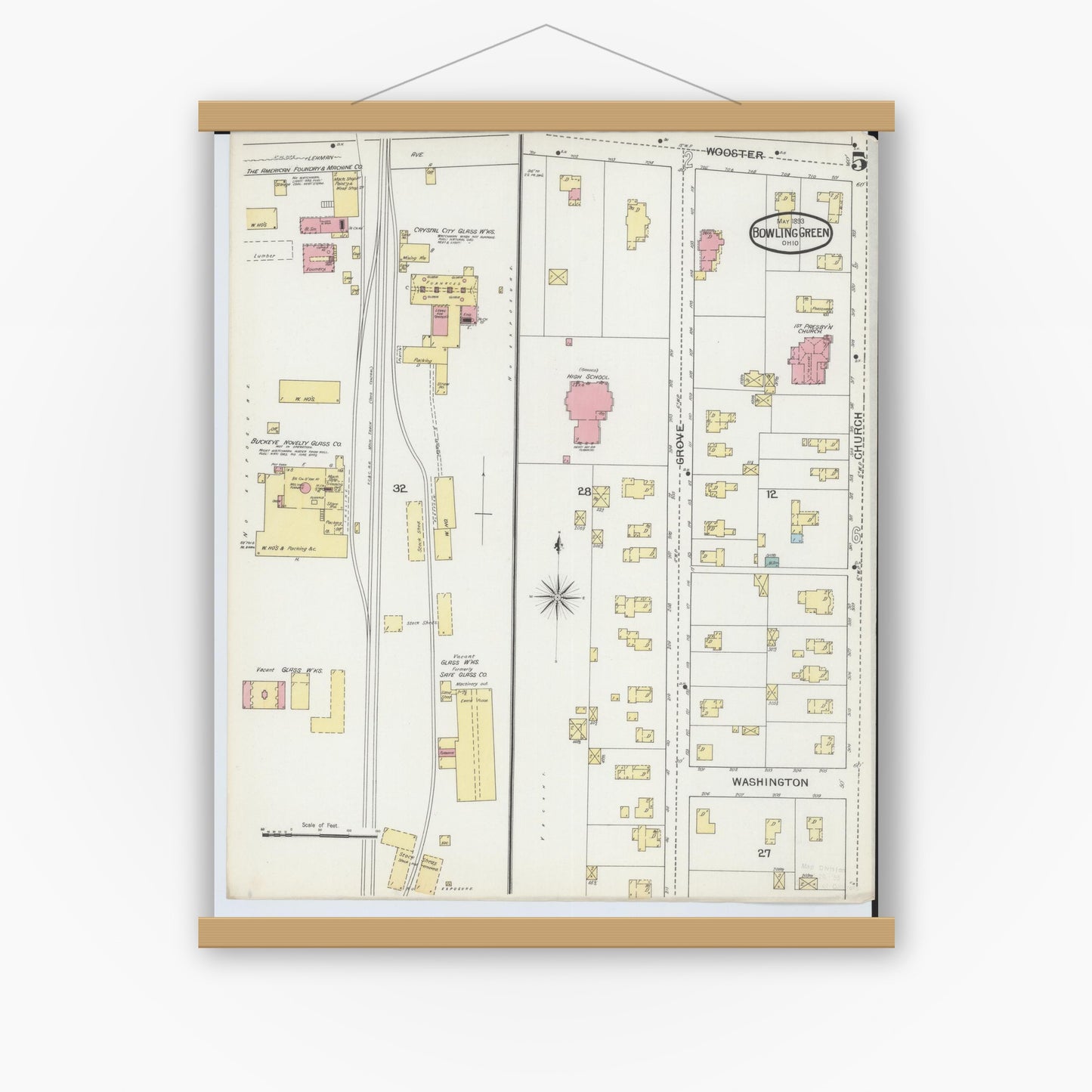 Old map wall art mockup — magnetic wood frame on white wall — Sanborn Fire Insurance Map from Bowling Green, Wood County, Ohio (1893), Sheet #0005