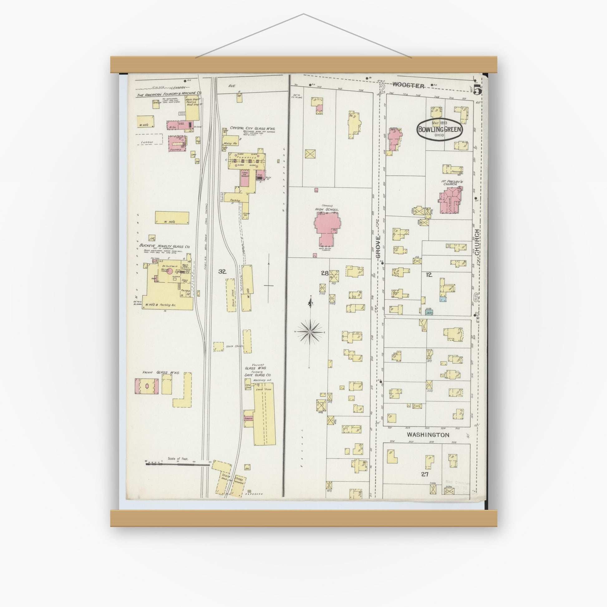 Old map wall art mockup — magnetic wood frame on white wall — Sanborn Fire Insurance Map from Bowling Green, Wood County, Ohio (1893), Sheet #0005