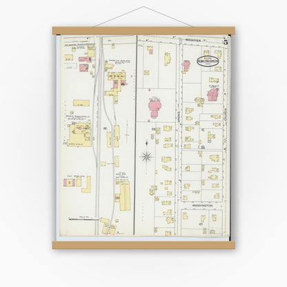 Old map wall art mockup — magnetic wood frame on white wall — Sanborn Fire Insurance Map from Bowling Green, Wood County, Ohio (1893), Sheet #0005