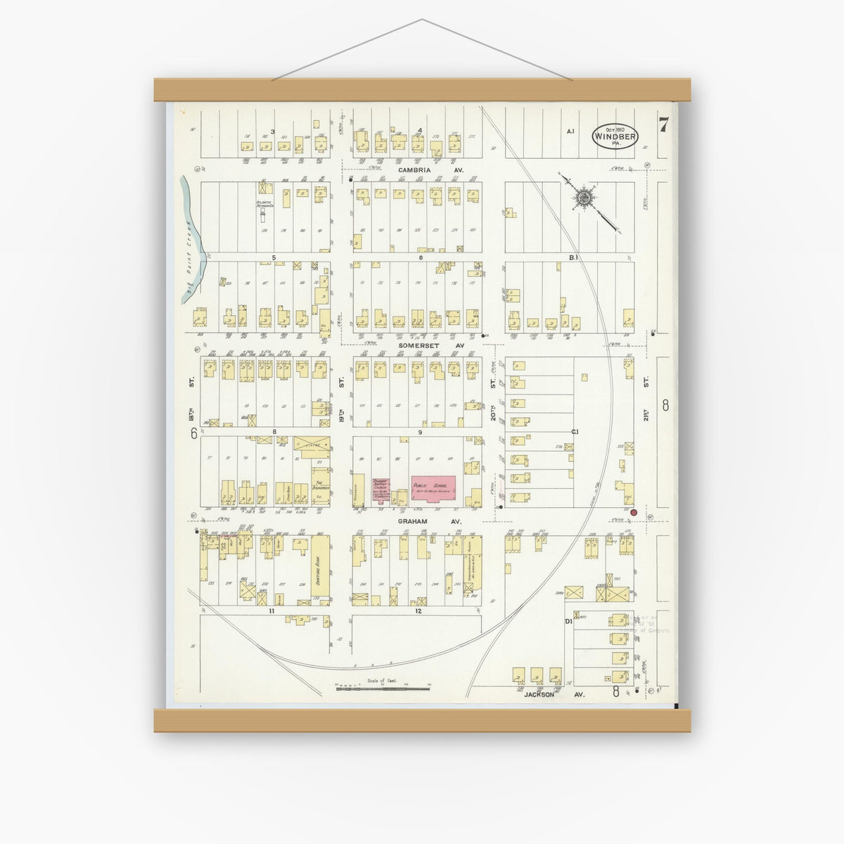 Old map wall art mockup — magnetic wood frame on white wall — Sanborn Fire Insurance Map from Windber, Somerset County, Pennsylvania (1910), Sheet #0007