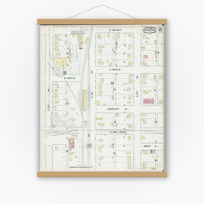 Old map wall art mockup — magnetic wood frame on white wall — Sanborn Fire Insurance Map from Canton, Fulton County, Illinois (1891), Sheet #0008