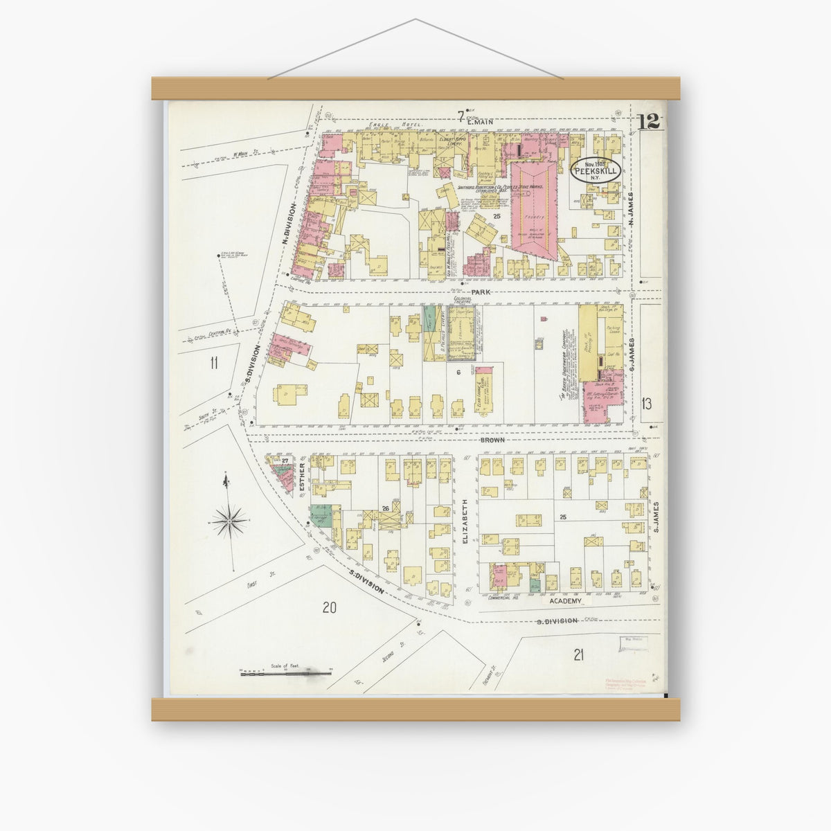 Old map wall art mockup — magnetic wood frame on white wall — Sanborn Fire Insurance Map from Peekskill, Westchester County, New York (1905), Sheet #0012