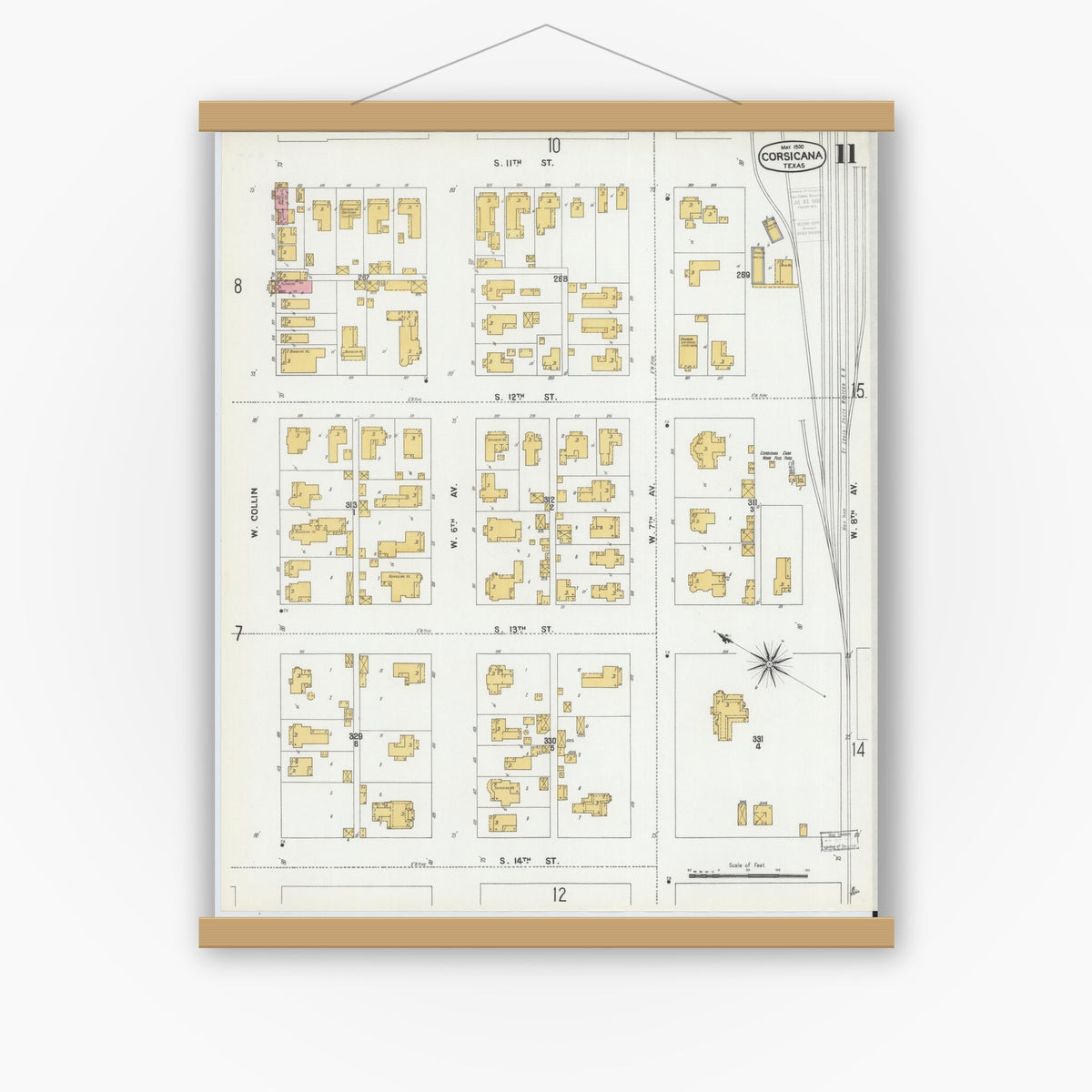 Old map wall art mockup — magnetic wood frame on white wall — Sanborn Fire Insurance Map from Corsicana, Navarro County, Texas (1900), Sheet #0011