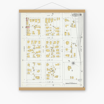 Old map wall art mockup — magnetic wood frame on white wall — Sanborn Fire Insurance Map from Corsicana, Navarro County, Texas (1900), Sheet #0011