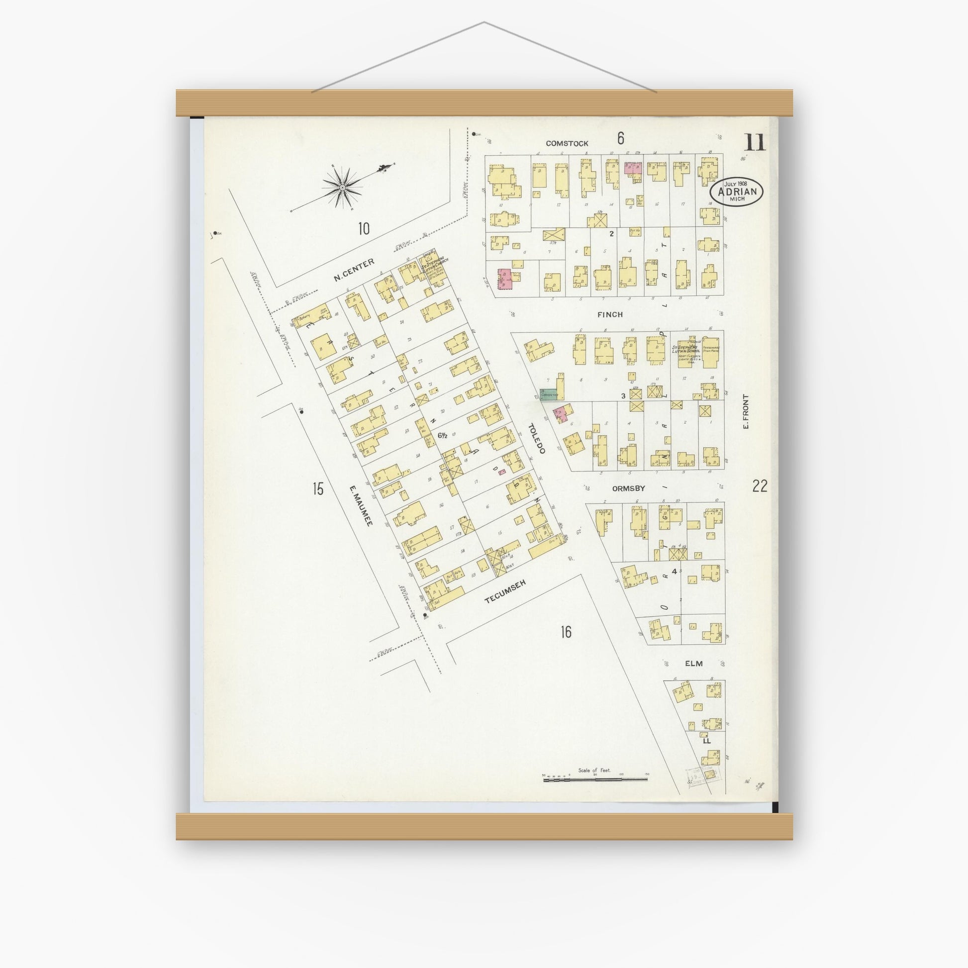 Old map wall art mockup — magnetic wood frame on white wall — Sanborn Fire Insurance Map from Adrian, Lenawee County, Michigan (1908), Sheet #0011