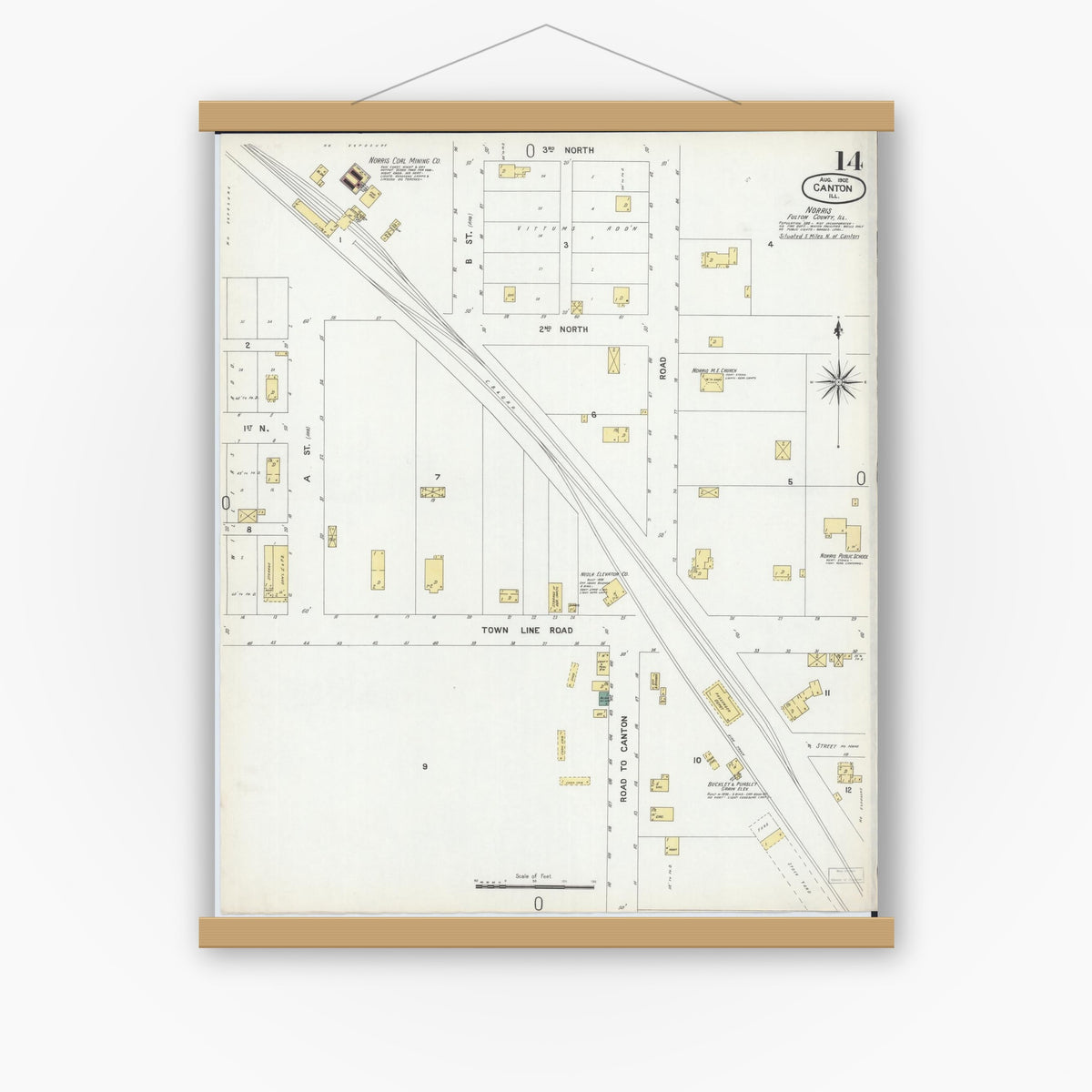Old map wall art mockup — magnetic wood frame on white wall — Sanborn Fire Insurance Map from Canton, Fulton County, Illinois (1902), Sheet #0014