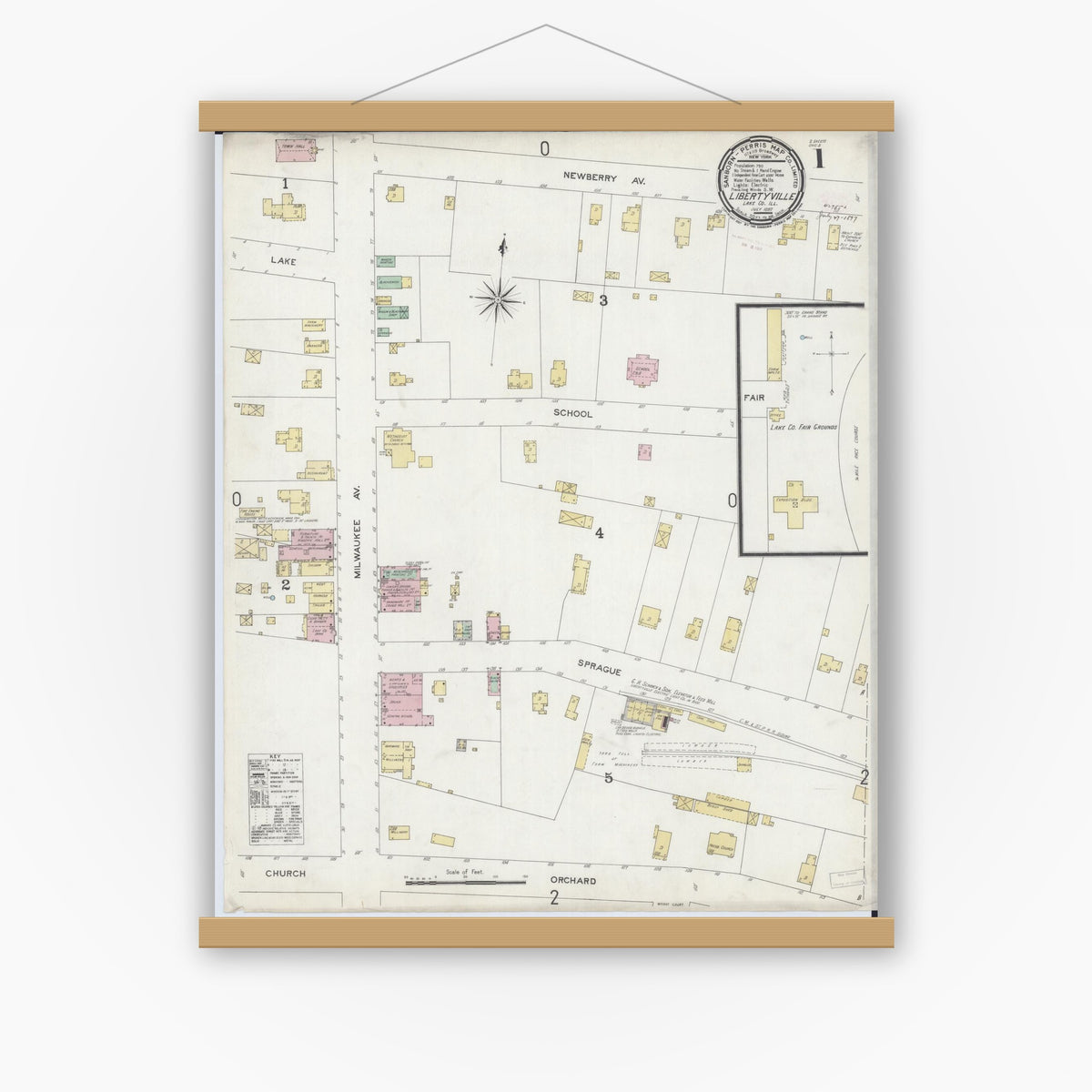 Old map wall art mockup — magnetic wood frame on white wall — Sanborn Fire Insurance Map from Libertyville, Lake County, Illinois (1897), Sheet #0001