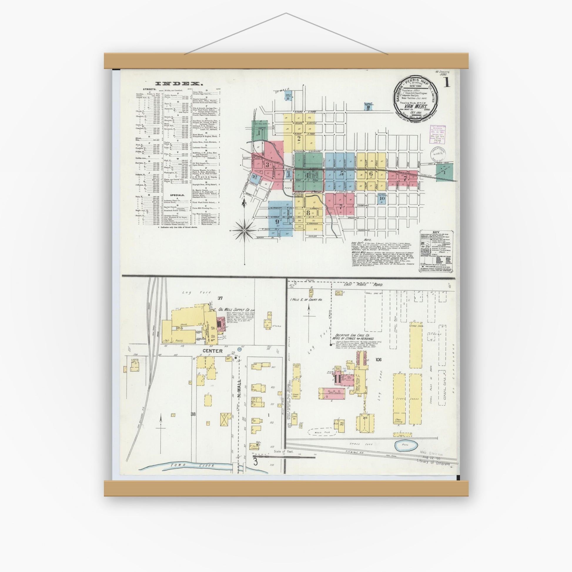 Old map wall art mockup — magnetic wood frame on white wall — Sanborn Fire Insurance Map from Van Wert, Van Wert County, Ohio (1901) - Complete Map Set