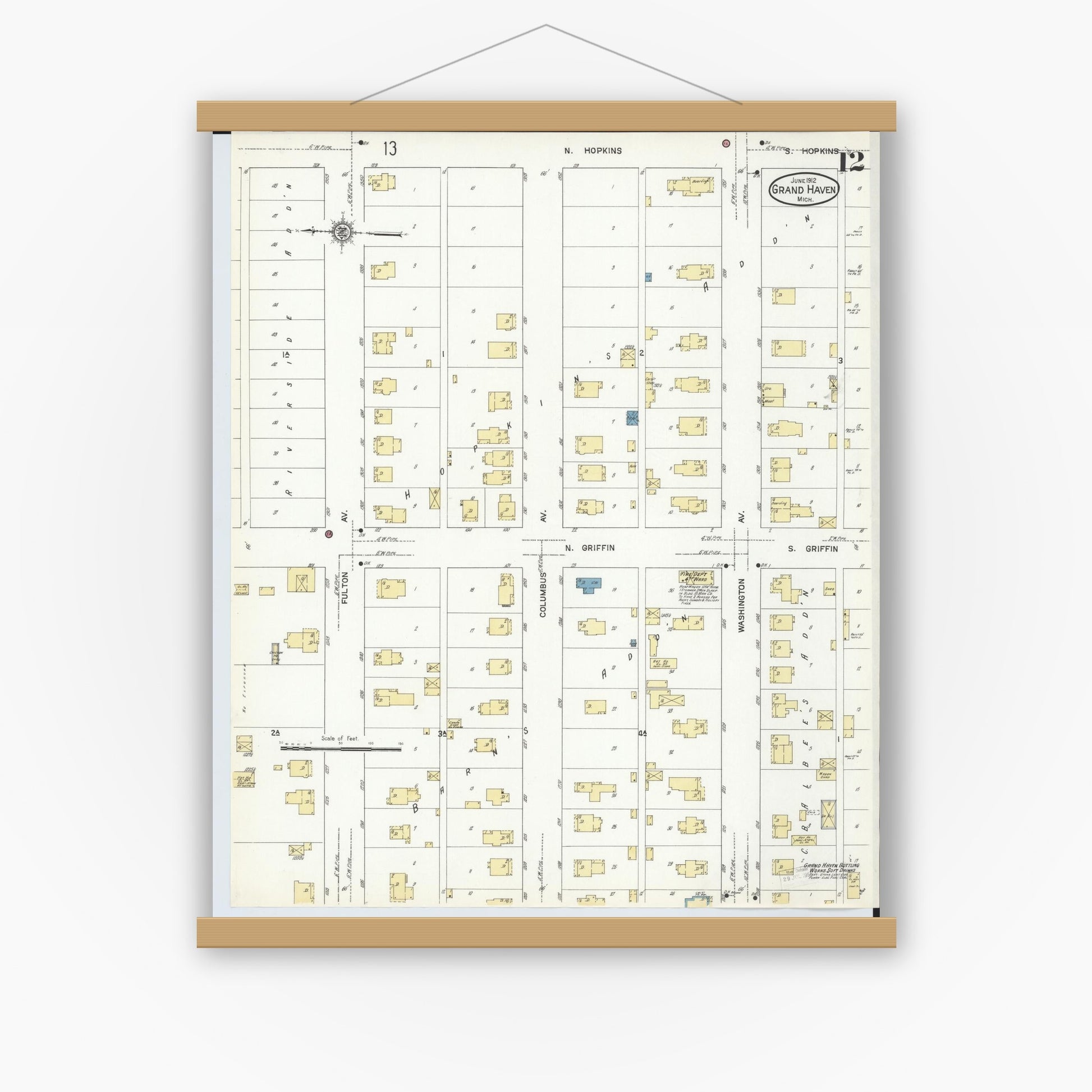 Old map wall art mockup — magnetic wood frame on white wall — Sanborn Fire Insurance Map from Grand Haven, Ottawa County, Michigan (1912), Sheet #0012