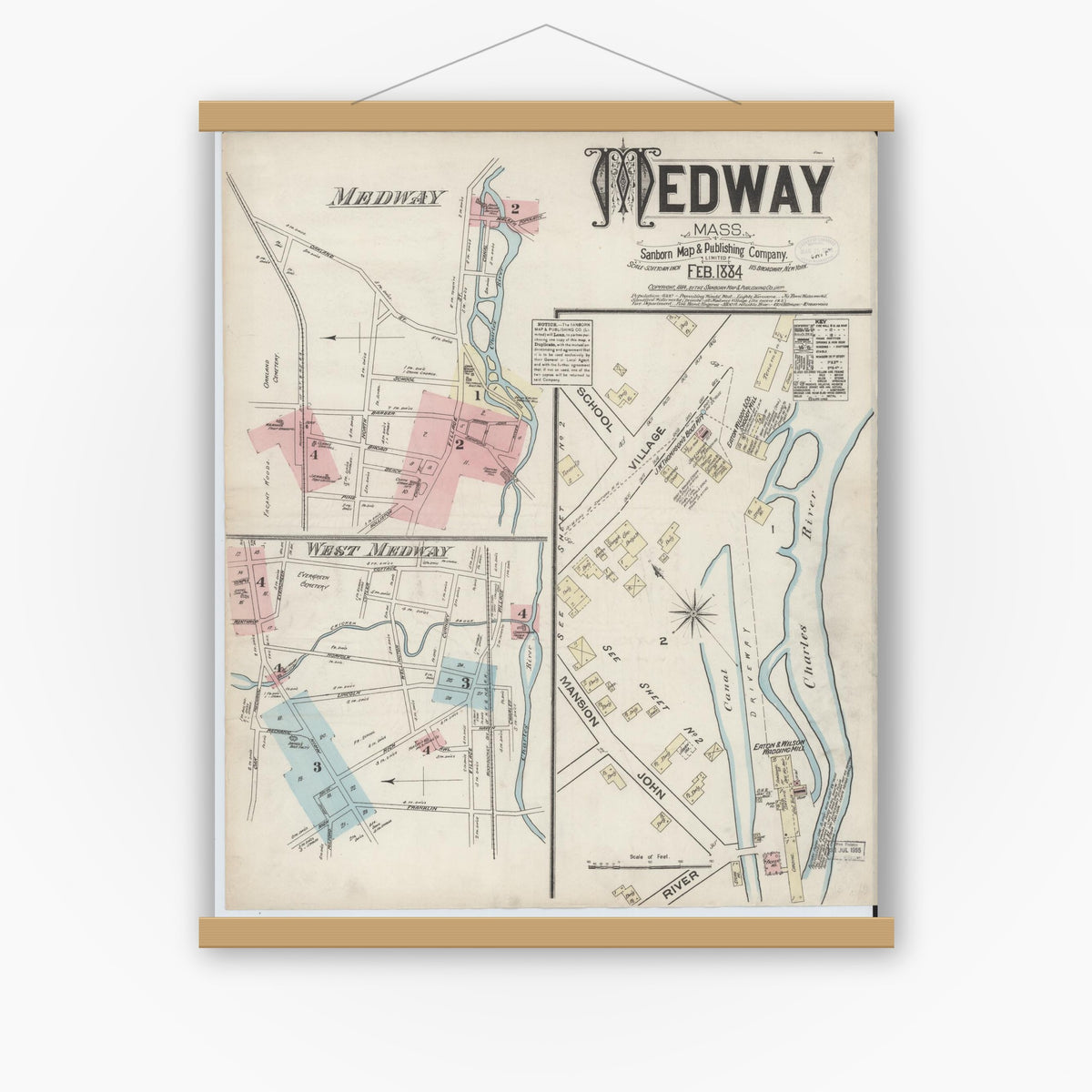 Old map wall art mockup — magnetic wood frame on white wall — Sanborn Fire Insurance Map from Medway, Norfolk County, Massachusetts (1884) - Complete Map Set