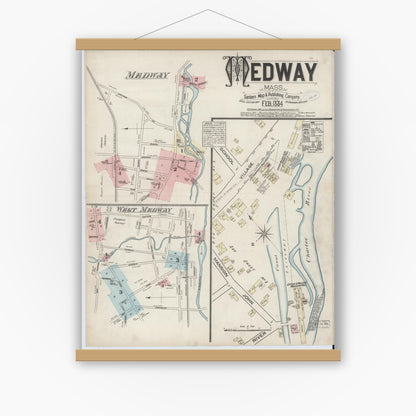 Old map wall art mockup — magnetic wood frame on white wall — Sanborn Fire Insurance Map from Medway, Norfolk County, Massachusetts (1884) - Complete Map Set