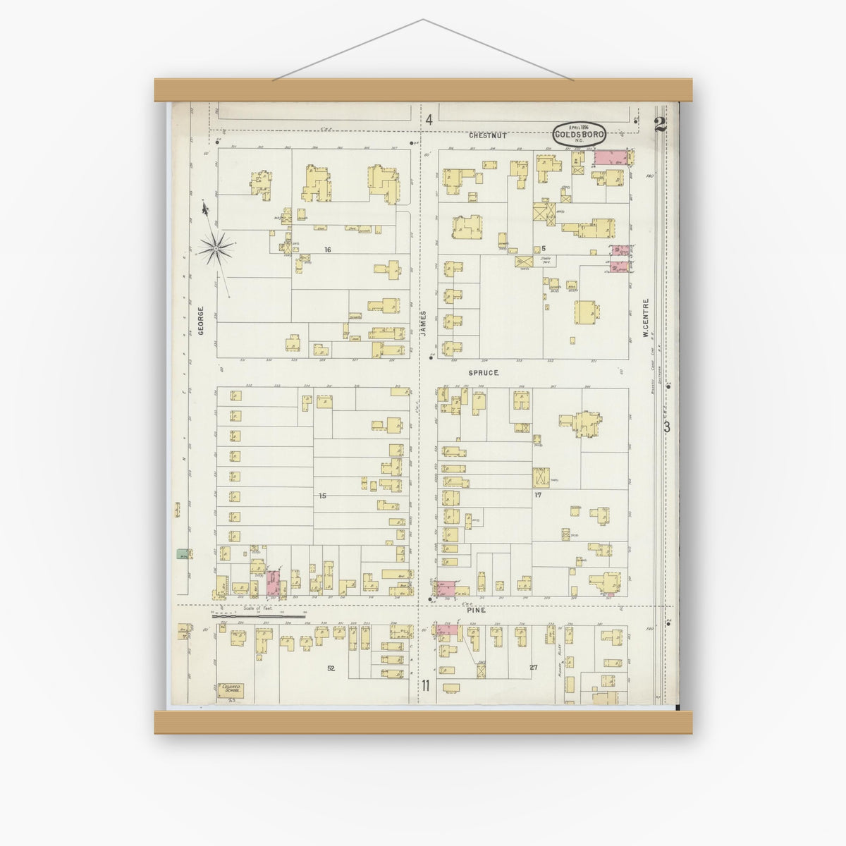 Old map wall art mockup — magnetic wood frame on white wall — Sanborn Fire Insurance Map from Goldsboro, Wayne County, North Carolina (1896), Sheet #0002