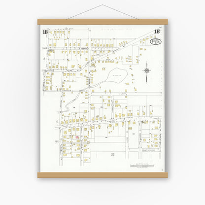 Old map wall art mockup — magnetic wood frame on white wall — Sanborn Fire Insurance Map from Tyler, Smith County, Texas (1928), Sheet #0018