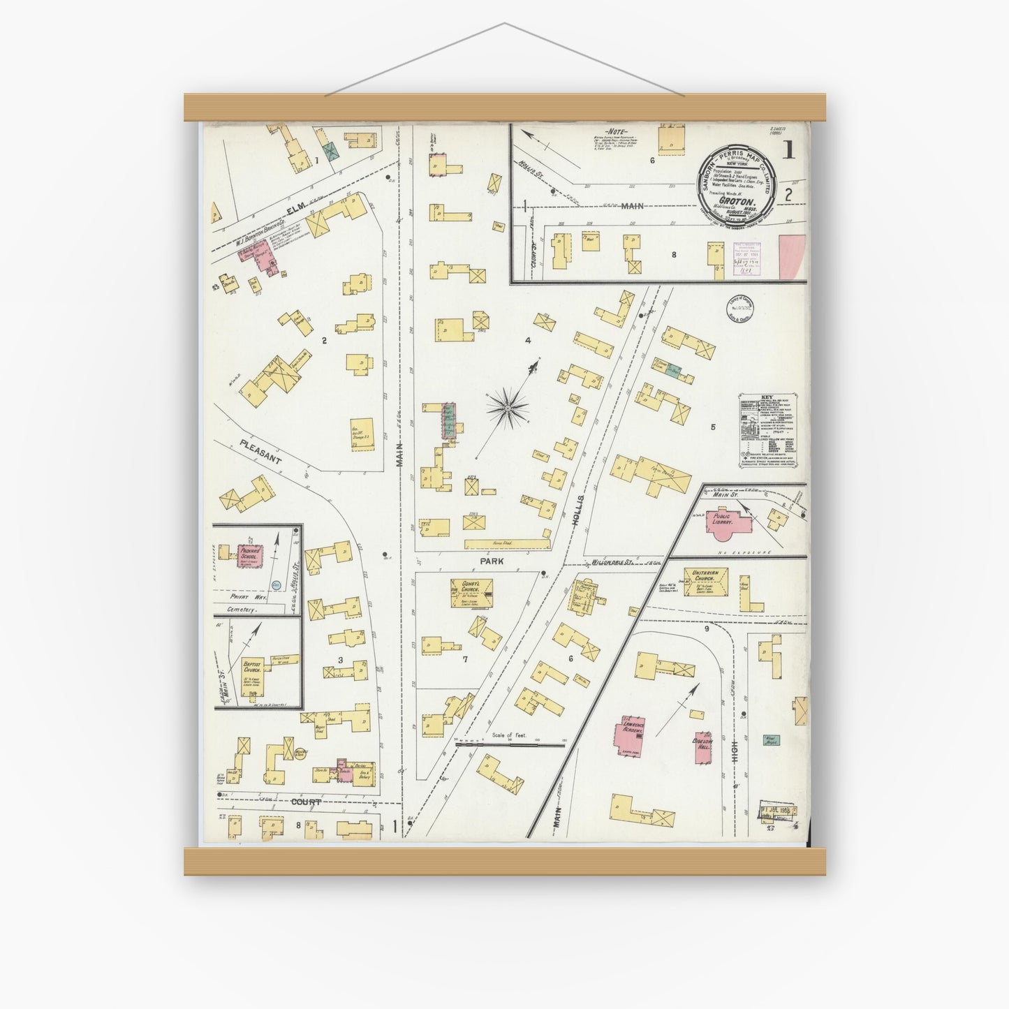 Old map wall art mockup — magnetic wood frame on white wall — Sanborn Fire Insurance Map from Groton, Middlesex County, Massachusetts (1901), Sheet #0001