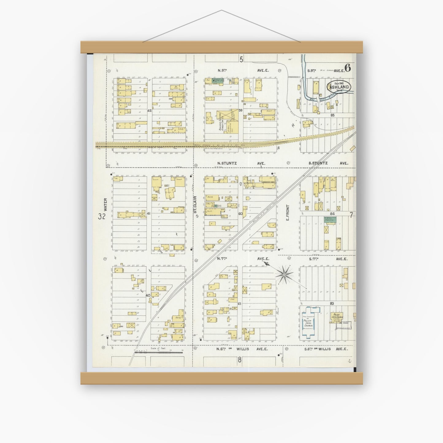 Old map wall art mockup — magnetic wood frame on white wall — Sanborn Fire Insurance Map from Ashland, Ashland County, Wisconsin (1901), Sheet #0006