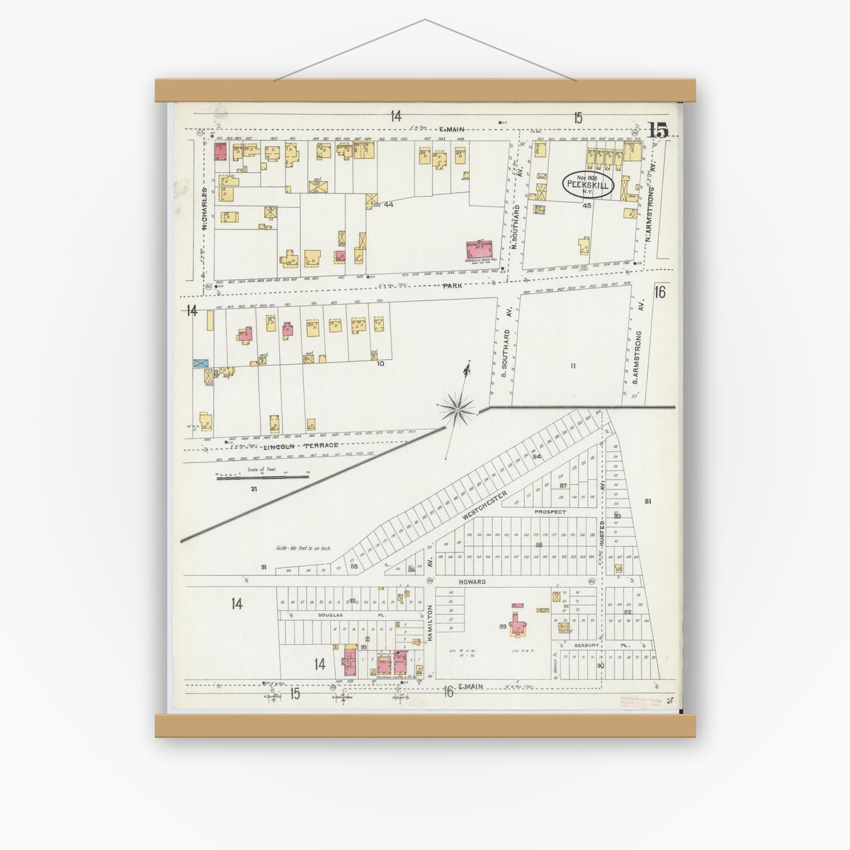 Old map wall art mockup — magnetic wood frame on white wall — Sanborn Fire Insurance Map from Peekskill, Westchester County, New York (1905), Sheet #0015