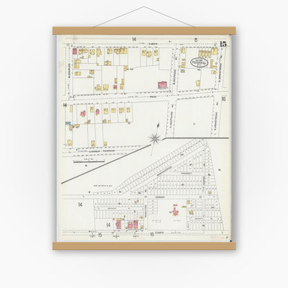 Old map wall art mockup — magnetic wood frame on white wall — Sanborn Fire Insurance Map from Peekskill, Westchester County, New York (1905), Sheet #0015