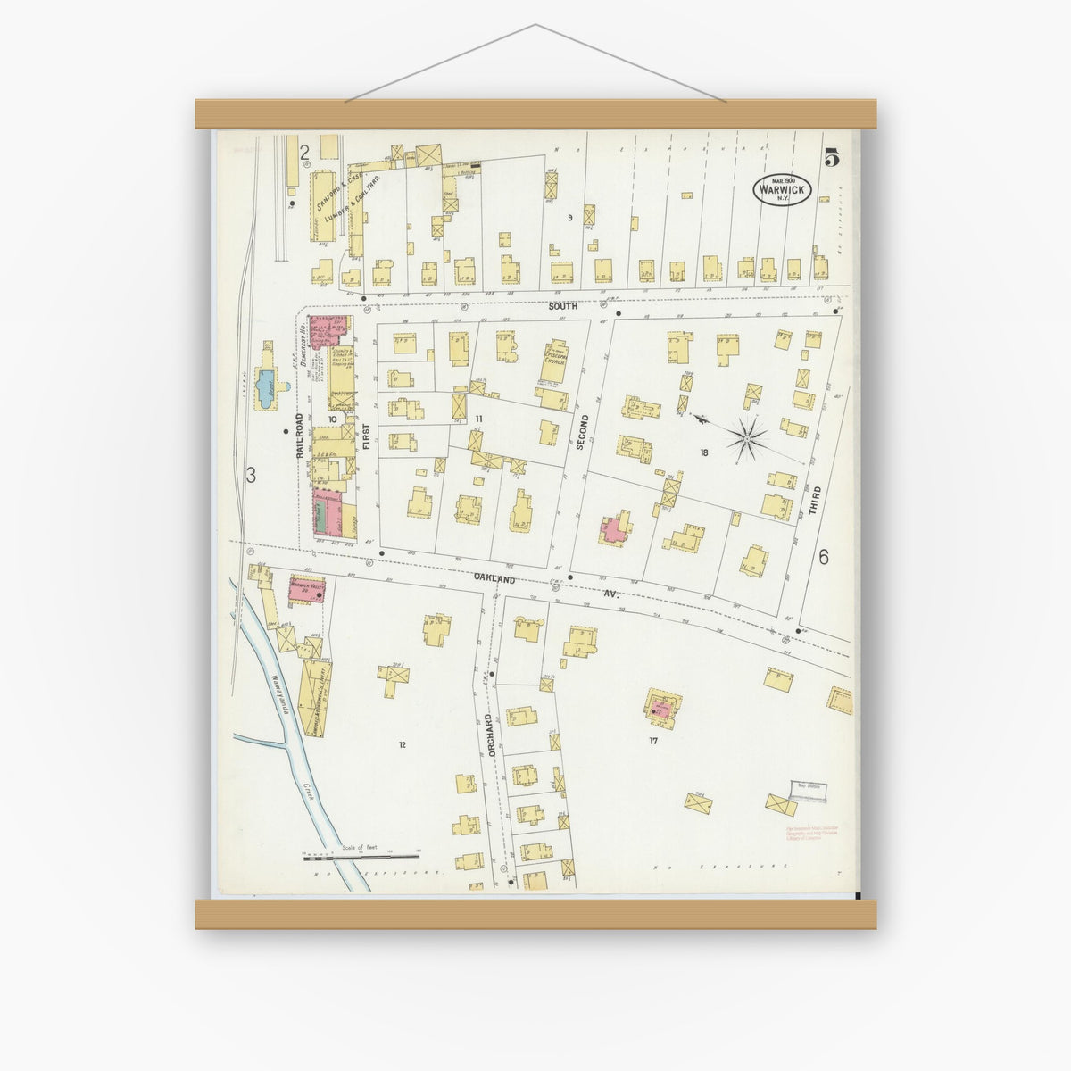 Old map wall art mockup — magnetic wood frame on white wall — Sanborn Fire Insurance Map from Warwick, Orange County, New York (1900), Sheet #0005