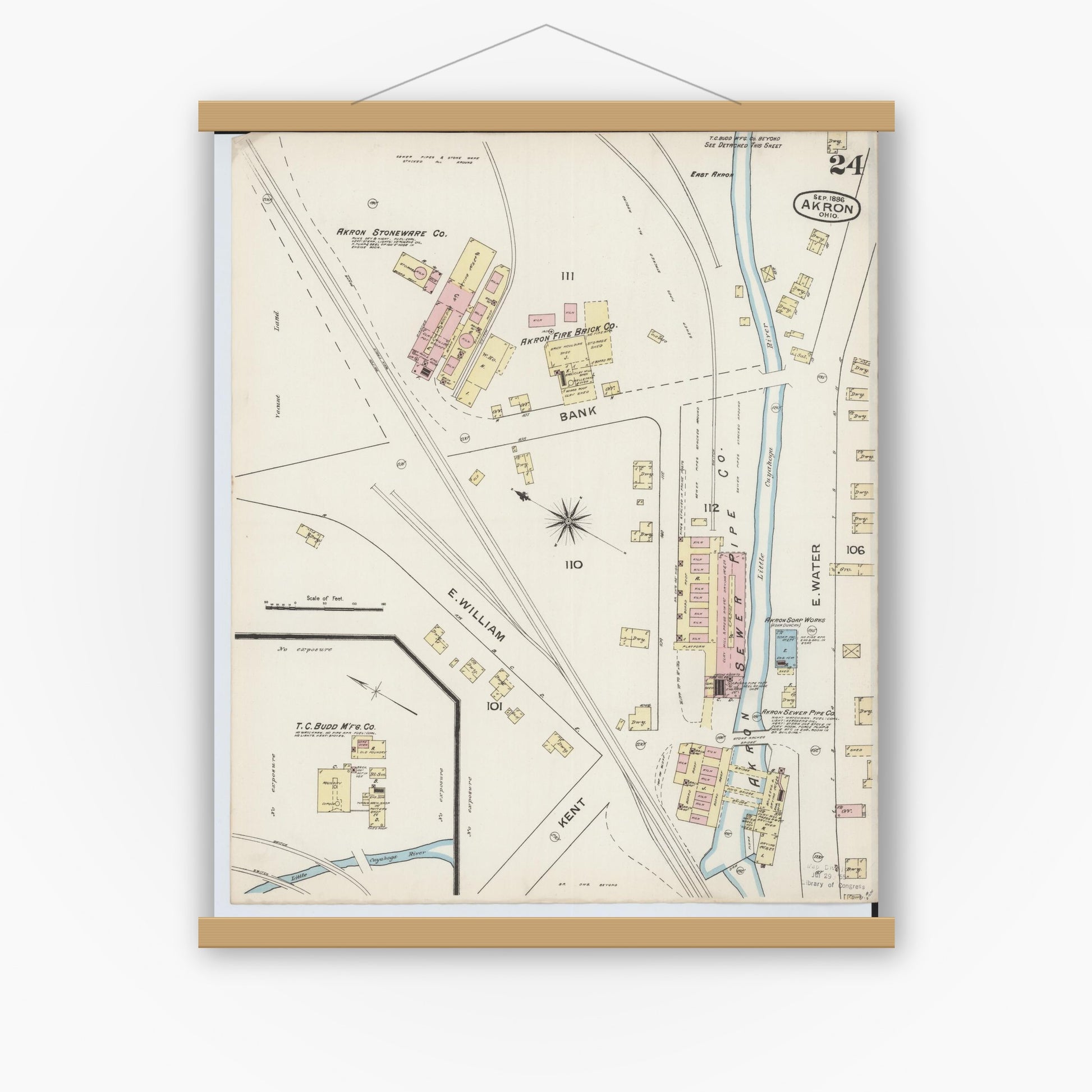 Old map wall art mockup — magnetic wood frame on white wall — Sanborn Fire Insurance Map from Akron, Summit County, Ohio (1886), Sheet #0024