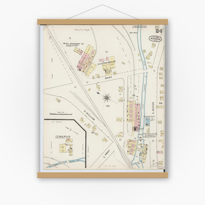 Old map wall art mockup — magnetic wood frame on white wall — Sanborn Fire Insurance Map from Akron, Summit County, Ohio (1886), Sheet #0024