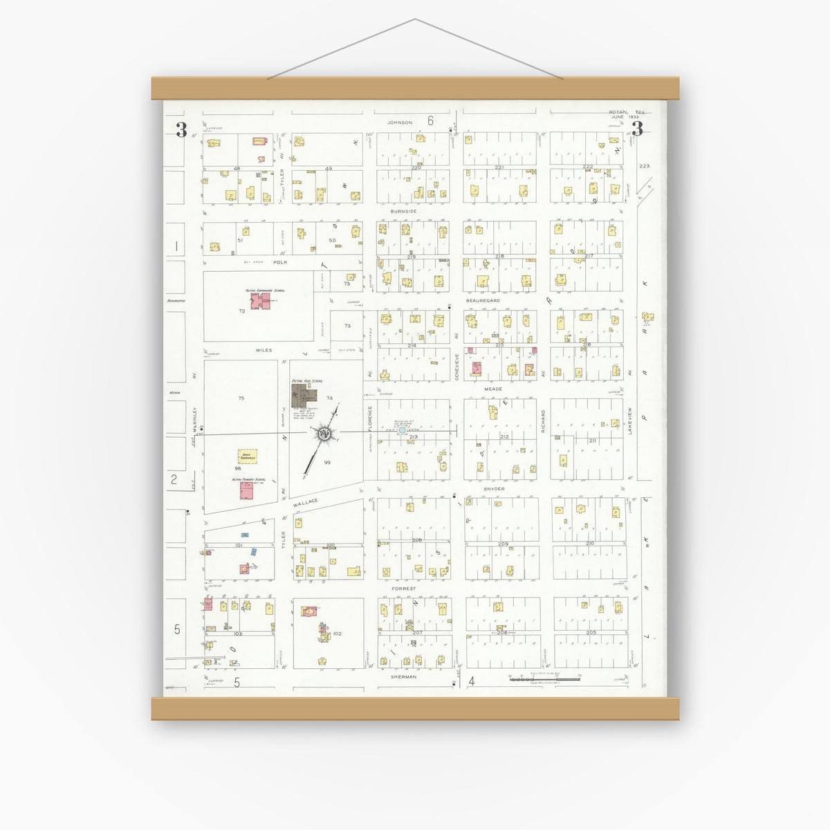 Old map wall art mockup — magnetic wood frame on white wall — Sanborn Fire Insurance Map from Rotan, Fisher County, Texas (1933), Sheet #0003