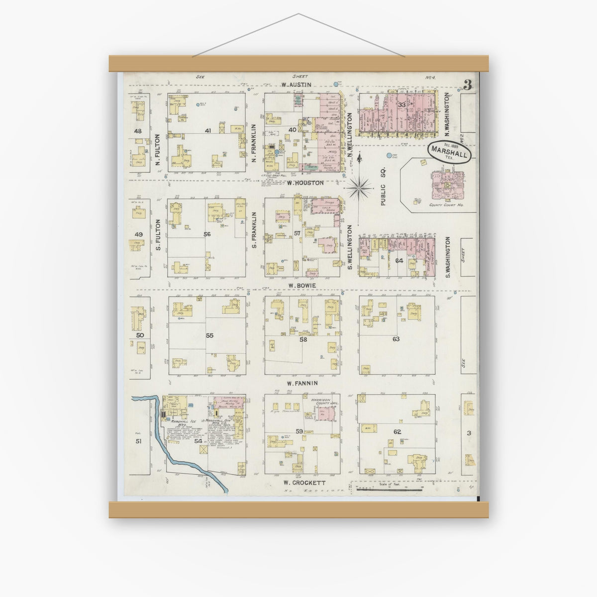 Old map wall art mockup — magnetic wood frame on white wall — Sanborn Fire Insurance Map from Marshall, Harrison County, Texas (1889), Sheet #0003