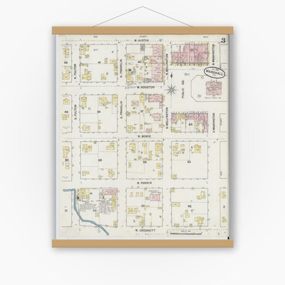 Old map wall art mockup — magnetic wood frame on white wall — Sanborn Fire Insurance Map from Marshall, Harrison County, Texas (1889), Sheet #0003