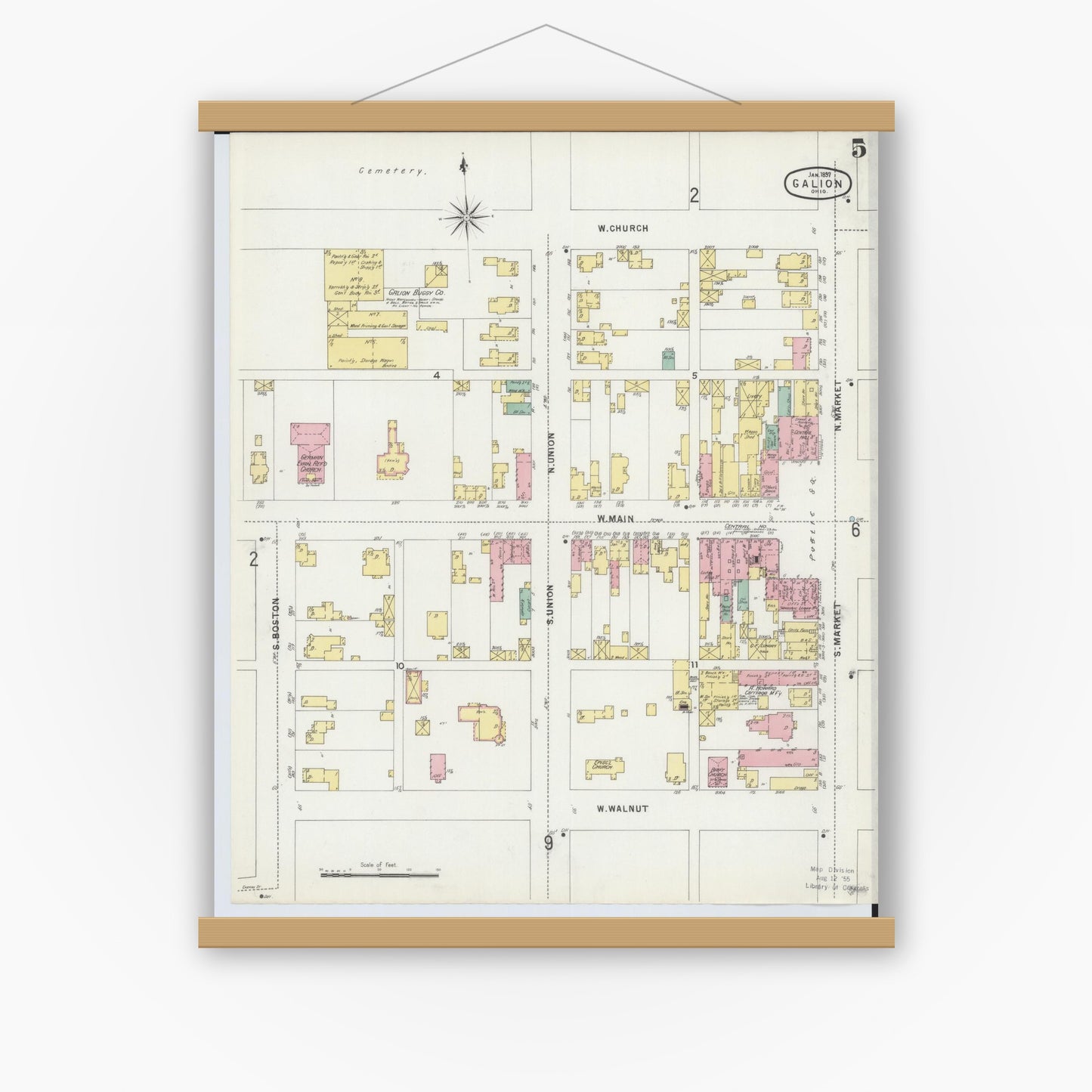 Old map wall art mockup — magnetic wood frame on white wall — Sanborn Fire Insurance Map from Galion, Crawford County, Ohio (1897), Sheet #0005