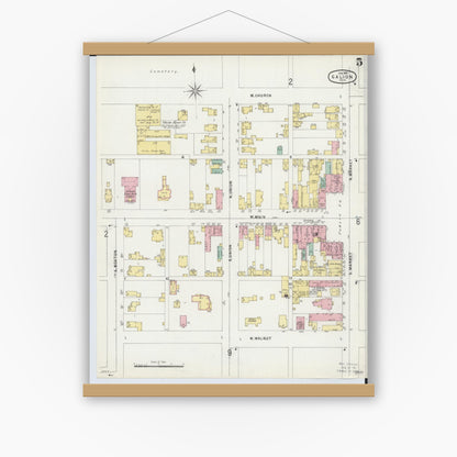 Old map wall art mockup — magnetic wood frame on white wall — Sanborn Fire Insurance Map from Galion, Crawford County, Ohio (1897), Sheet #0005